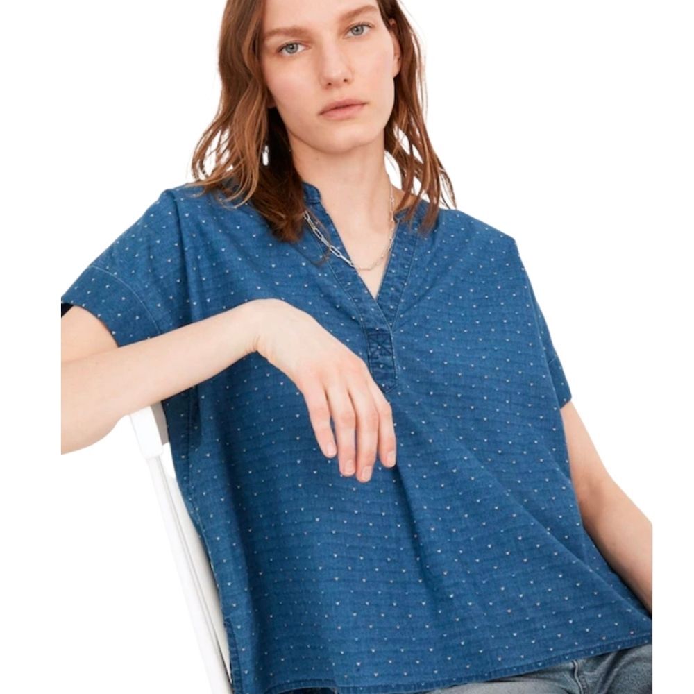 Madewell Indigo Lakeline Popover Shirt in Rainbow Heart Chambray Top, Size M